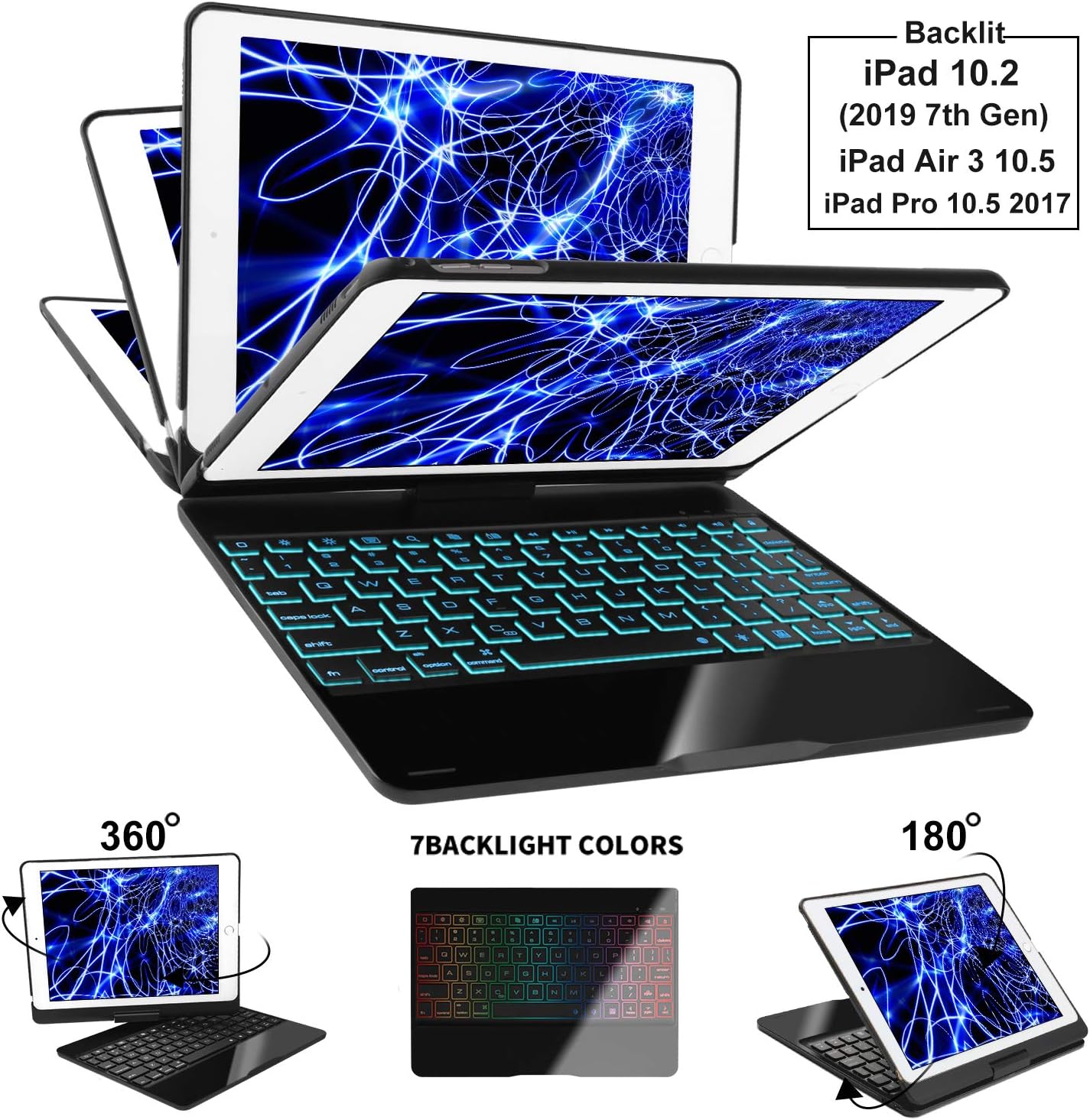 iPad 10.2 Case with Keyboard, IVEOPPE Aluminum Alloy 7 Colors Backlit 360 Rotatable Bluetooth Keyboard Protective Case, for iPad 10.2 8th Gen 2020/7th Gen 2019/iPad Air 3/iPad Pro 10.5 2017 (Black)