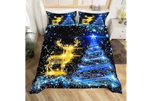 MANFEI Christmas Duvet Cover Set King Size Gold Reindeer Bedding Set 3pcs for Kids Boys Girls Room Decor Blue Christmas Tree Comforter Cover Western New Year Theme Quilt Cover with 2 Pillowcases,No Comforter