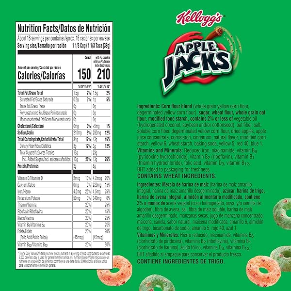 KELLOGG’S APPLE JACKS BREAKFAST CEREAL, KIDS SNACKS, FAMILY BREAKFAST, GIANT SIZE, ORIGINAL, 23OZ BOX (1 BOX)