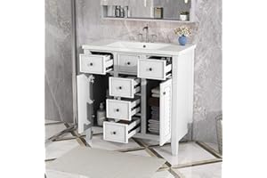 Polibi 36" Bathroom Vanity Cabinet with Ceramic Basin, Two Cabinets and Five Drawers, Solid Wood Frame Bathroom Storage Cabinet with Soft Closing Doors, White