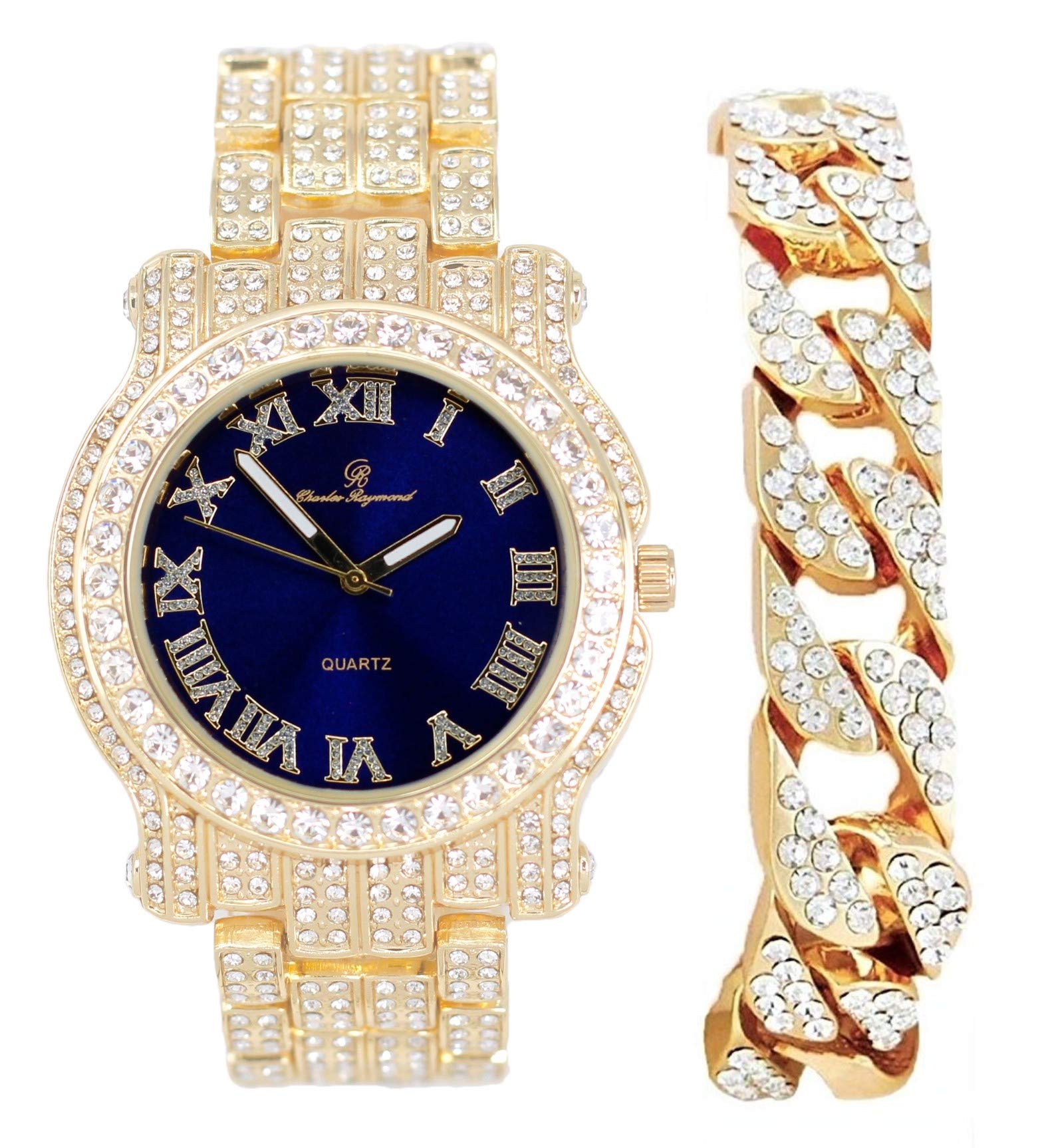 Charles Raymond Bling-ed Out Silver Round Luxury Mens Watch w/Bling-ed Out Bracelet - L0504B, L0504RNB Cuban Gold Royal Blue, mens, L0504B (L0504RNB Cuban Gold Royal Blue)