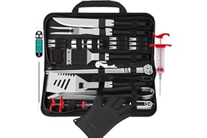 ROMANTICIST 26pcs Grilling Accessories Kit for Men Women, Stainless Steel Heavy Duty BBQ Tools with Glove and Corkscrew, Grill Utensils Set in Portable Canvas Bag for Outdoor,Camping,Backyard,Black
