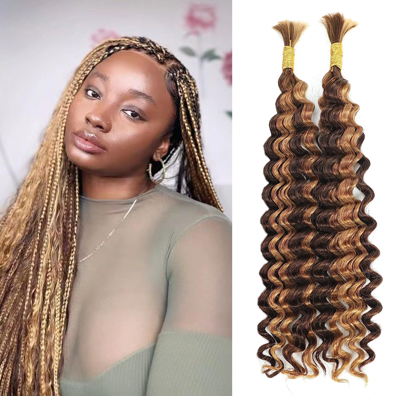 Human Hair for Braiding 20 Inches Deep Wave P4/27 - Bulk Double Drawn Weft Extensions for Knotless Boho Micro Braids 100g (50g x 2) — image 1