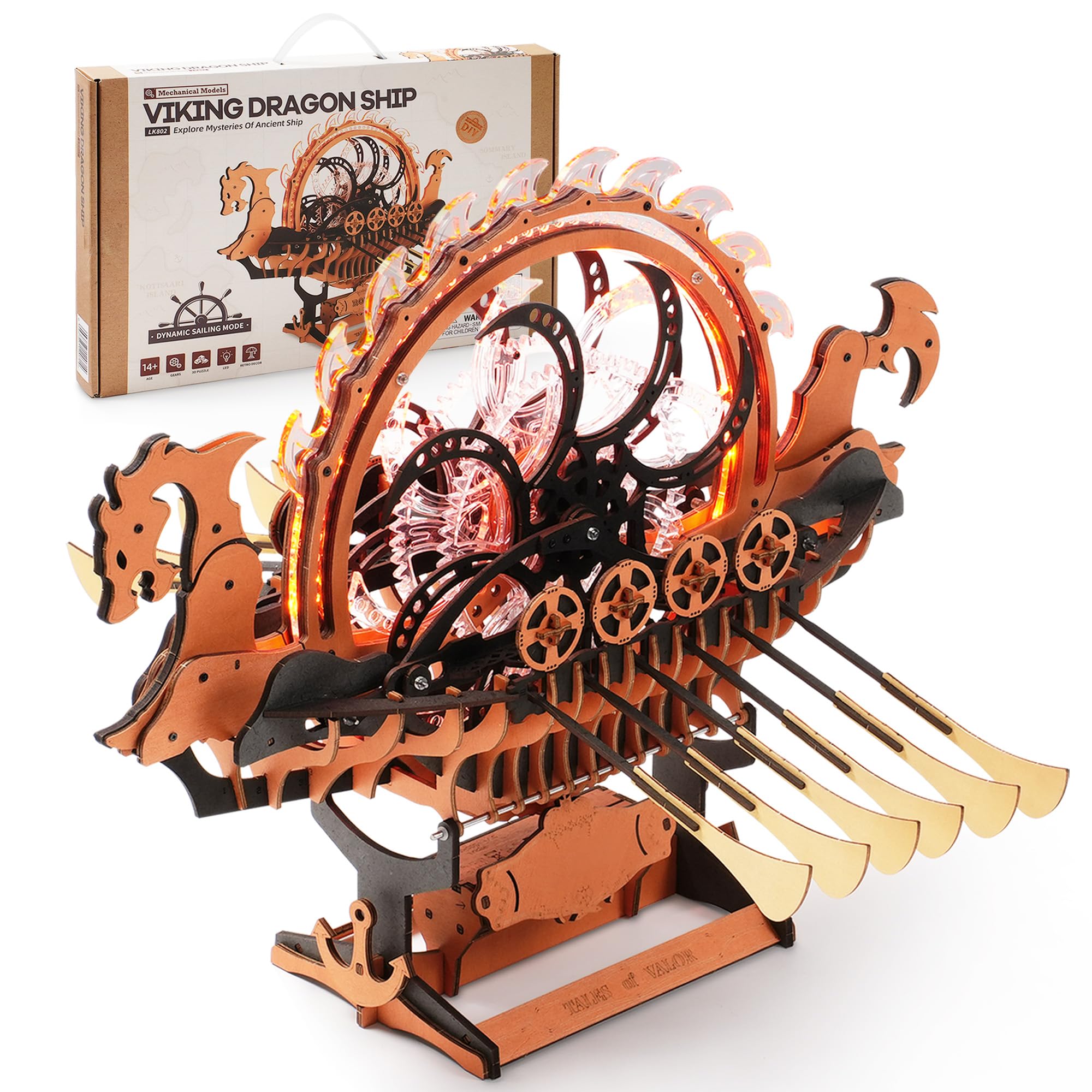RooWood 3D Wooden Puzzle Viking Dragon Ship, DIY Mechanical 3D Puzzle, Eye-catching Decor with LED for Model Ship Enthusiasts