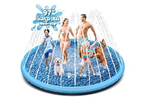 YAUNGEL Splash Pad for Dogs - 97in Non-Slip Splash Sprinkler Pad for Kids Toddlers Baby, 0.58mm Thickened Durable and Foldable Dog Pool Summer Outdoor Water Toys Play Mat, Blue