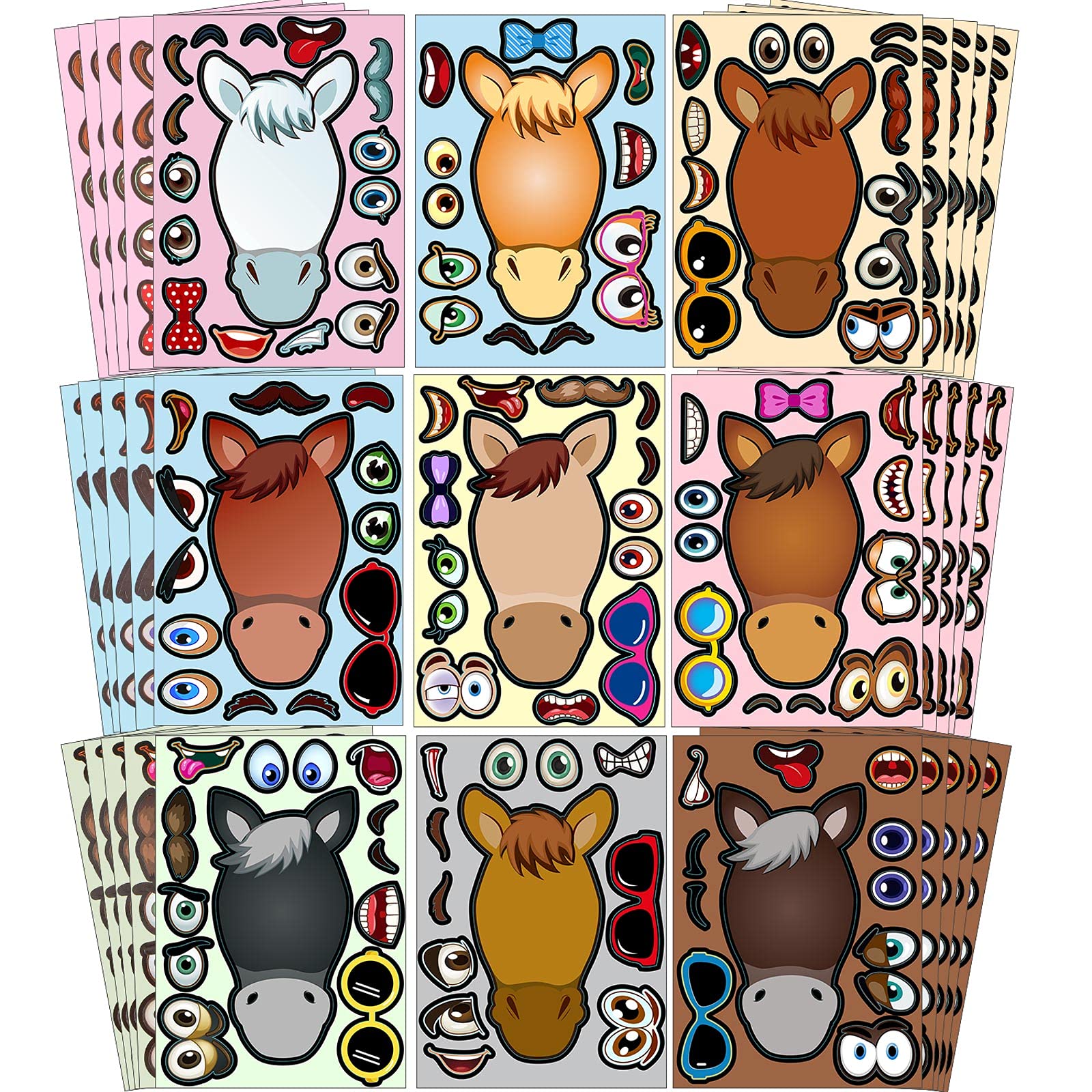 72 Sheets Make A Horse Stickers Horse Party Favors Kit Make Your Own Horse Stickers for Kids Zoo Barnyard Theme Birthday Party Decorations Game Rewards, 9 Styles