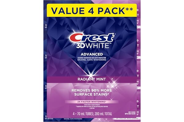 Crest 3D White Advanced Teeth Whitening Toothpaste, Radiant Mint, 4 Count (Pack of 1), 280 mL Total (70 mL each)