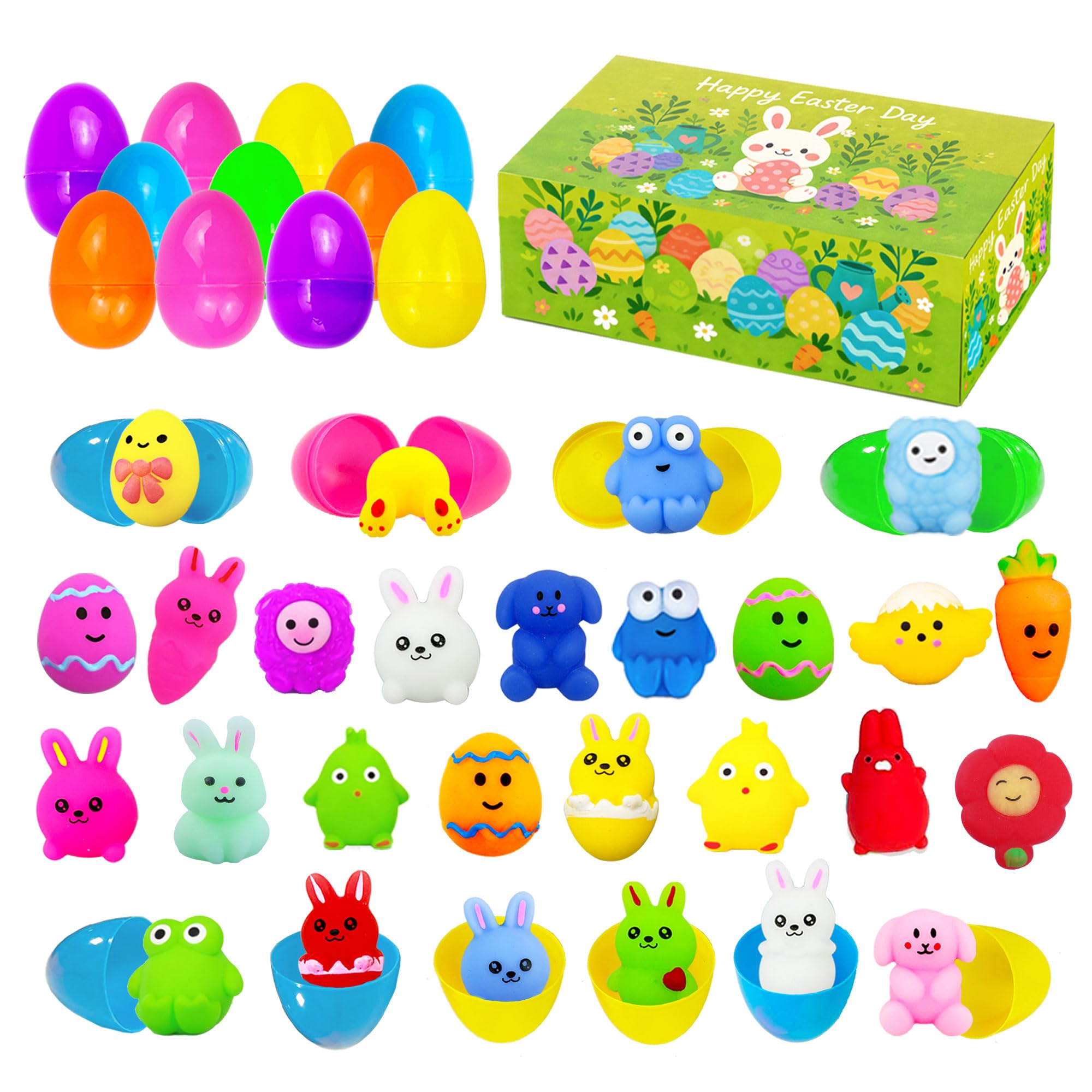 24 Pack Prefilled Easter Eggs with Squishy Toys – Easter Egg Fillers, Easter Gifts, Easter Goodie Stuffers, Classroom Prizes, Party Favors for Kids, Boys and Girls