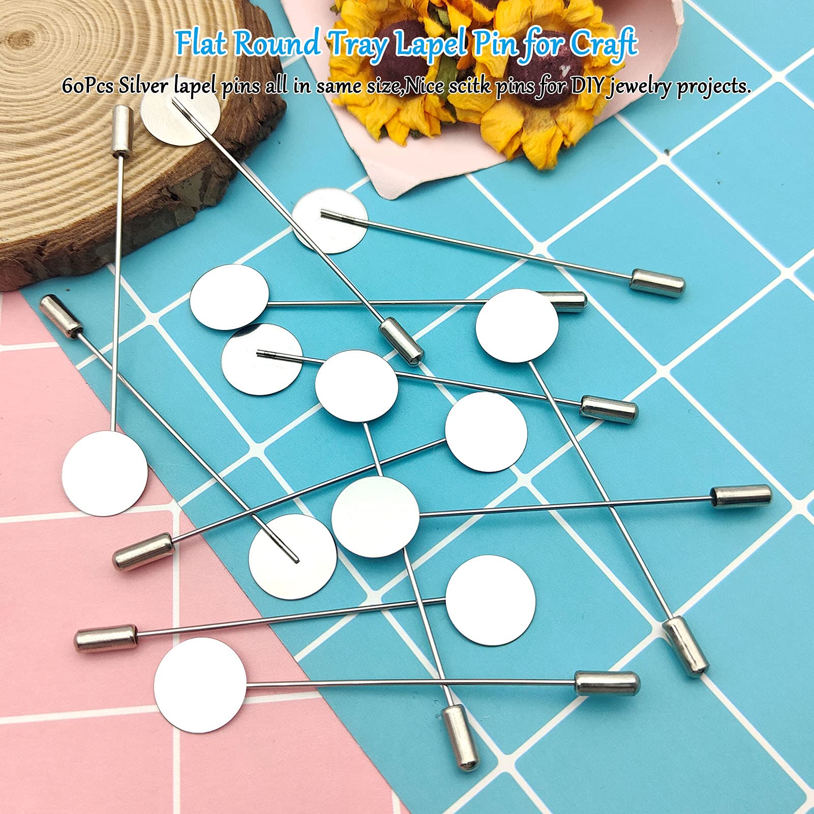 Oubaka 60Pcs Flat Round Tray Lapel Pin for Craft,Silver Safety Stick Pins Stainless Steel Brooch Pin Needle Suit Tie Hat pin Scarf Badge for DIY Costume Jewelry Making Accessories