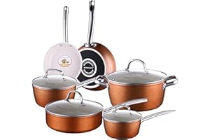 Cook Code 10-Piece Pots and Pans, White Ceramic Nonstick Copper Finish Cookware Set with Lids— Oven Suitable Dishwasher Suitable PFOA/PTFE Free