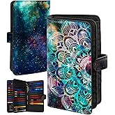 Bistup 【46 Slots Credit Card Holder for Women Ladies Female Teen Girls Rfid Genuine Leather Cardholder Large Capacity Size Big Billfold Wallets Boho Cute Girly Aesthetic Print Unique