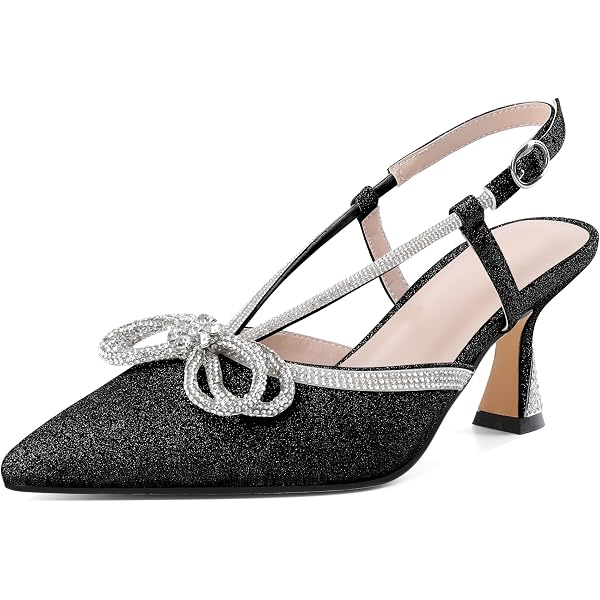 Mettesally Women's Rhinestone Bow Slingback Pumps - 9cm Pointed Toe Stilettos, Ankle Strap Heels For Wedding & Party