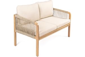 JONATHAN Y SFB1001A Arwen Modern Bohemian Roped Acacia Wood Outdoor Loveseat with Cushions Coastal, Contemporary, Transitional, Rustic for Backyard, Patio, Porch, Beige/Light Teak