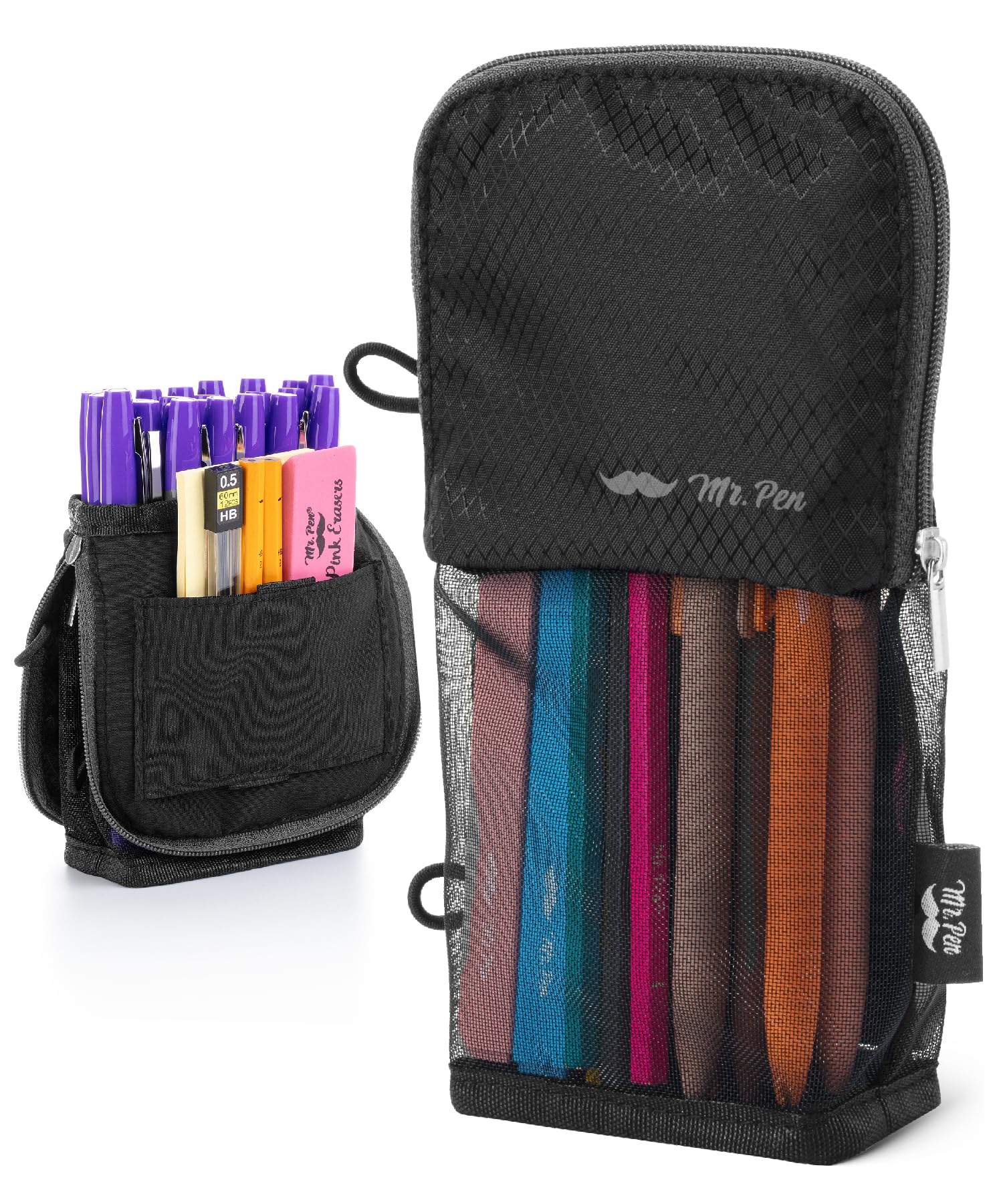 Photo 1 of Mr. Pen- Standing Pencil Case Pouch, Sit & Lay Mesh-View Design, Black with Gray Zipper, Interior Pocket & 2 Elastic Binder Loops, Cute Pencil Case for Girls and Boys