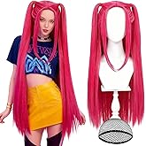 MEEZY Long Straight Hot Pink Wig for Women Adult, Halloween Cosplay Funny Wig with 2 Ponytails Realistic Scalp Hair Cap for Halloween Costume Drag Queen Christmas Dance Anime Theme Party Supplies