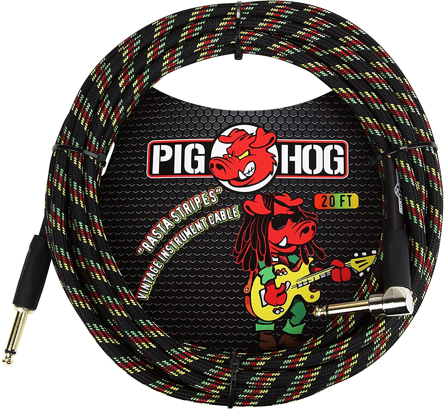 Pig Hog PCH20RAR Right-Angle" to 1/4" Rasta Stripes Guitar Instrument Cable, 20 Feet