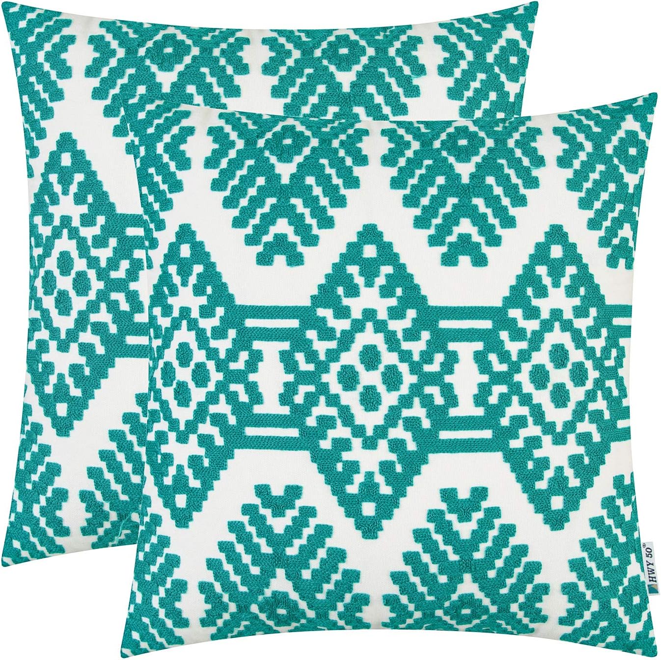 HWY 50 Dark Teal Embroidered Throw Pillow Covers Set 18 x 18 inch, for Couch Sofa Living Room, Decorative Square Throw Pillow Cases Cushion Cover, Farmhouse Diamond Geometric, Pack of 2