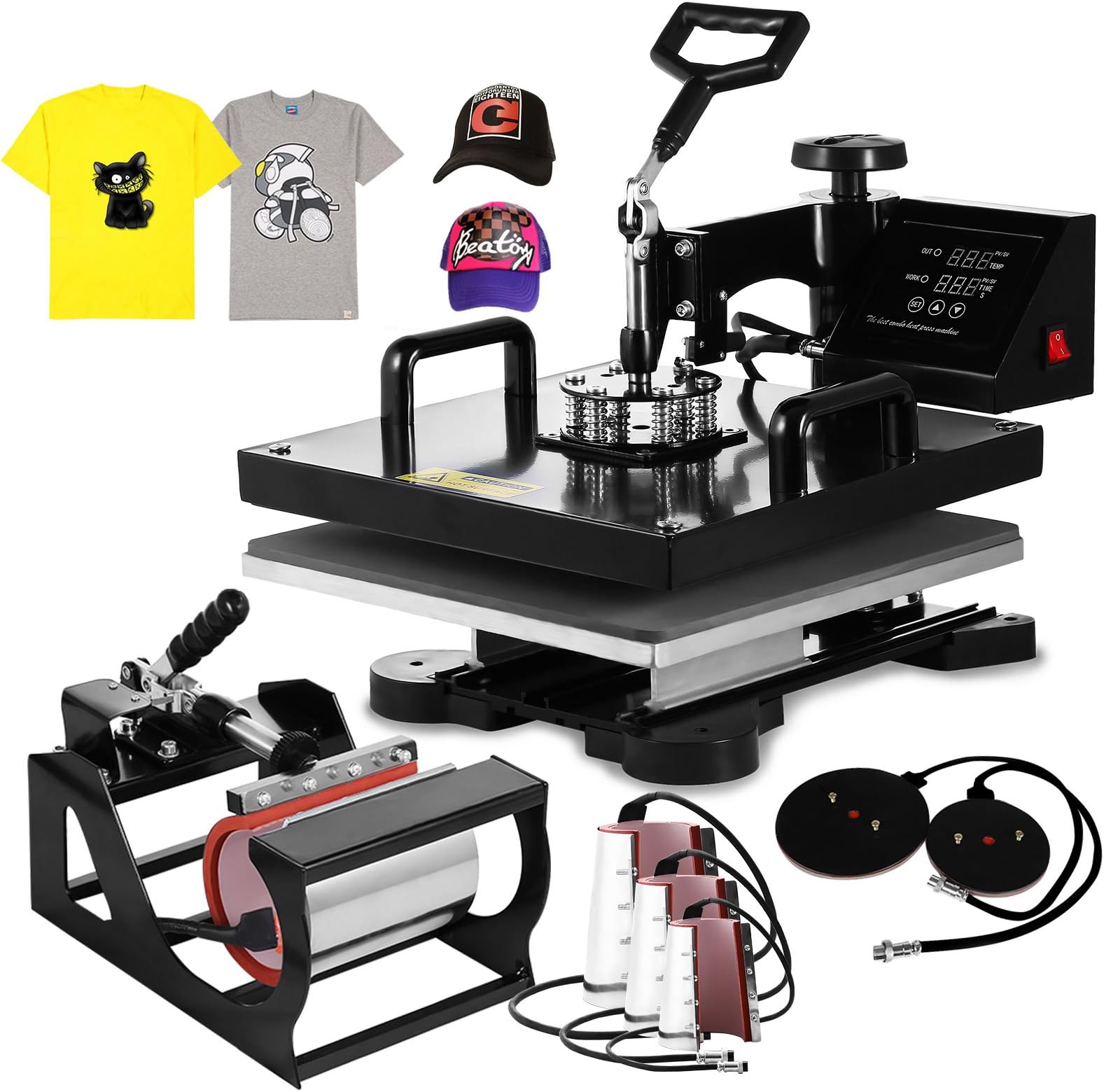 FinbFaby Heat Press 8 in 1 38 X 38 cm Multifunction Sublimation Heat Press Machine Desktop Iron Baseball Hat Press 1200W Digital Swing Away Transfer T Shirt Hat Mug (8 in 1 15 X 15 Inch)