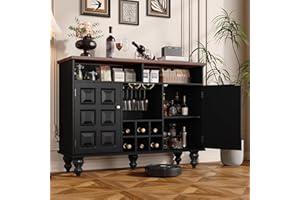 VABCHES Black Mid Century Modern Wine Bar Cabinet with Storage,Liquor Cabinet with Wine Rack and Glass Holder,Buffet Cabinet with Adjustable Shelves and Large Tabletop for Living Room,Dining Room,Kitchen