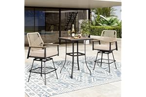 MIXPATIO 3 Piece Outdoor Bar Set, Height Rattan Bar Stools with Wood Grain Top Coffee Table, Wicker High Top Outdoor Table and Chairs with Cushion, Patio Barstool Set for Porch, Pool and Deck, Beige
