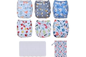 TDIAPERS Baby Cloth Diapers Washable Reusable One Size Adjustable for Baby 6 Pack with 6 Pcs Microfiber Inserts, 1 Wet Bag