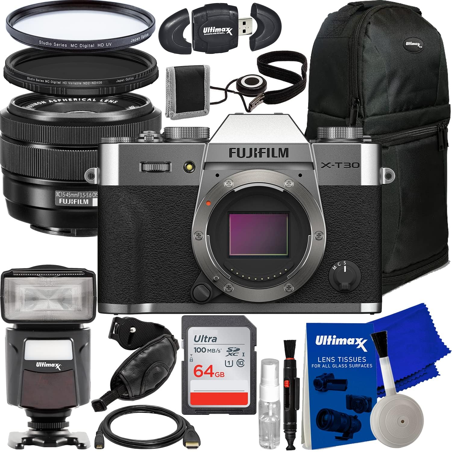 FUJIFILM X-T30 II Mirrorless Camera with XC 15-45mm OIS PZ Lens (Silver) + 64GB Ultra SDXC Memory Card, Sling Backpack, Variable Neutral Density Filter (ND2-ND400) & More (23pc Bundle)