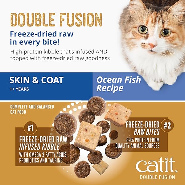 CATIT RECIPES DOUBLE FUSION SKIN & COAT CAT FOOD – OCEAN FISH RECIPE, HIGH-PROTEIN, FREEZE-DRIED RAW TOPPINGS, OMEGA-RICH FOR HEALTHY SKIN & FUR, NO BY-PRODUCTS, MINIMALLY PROCESSED, 4 LB