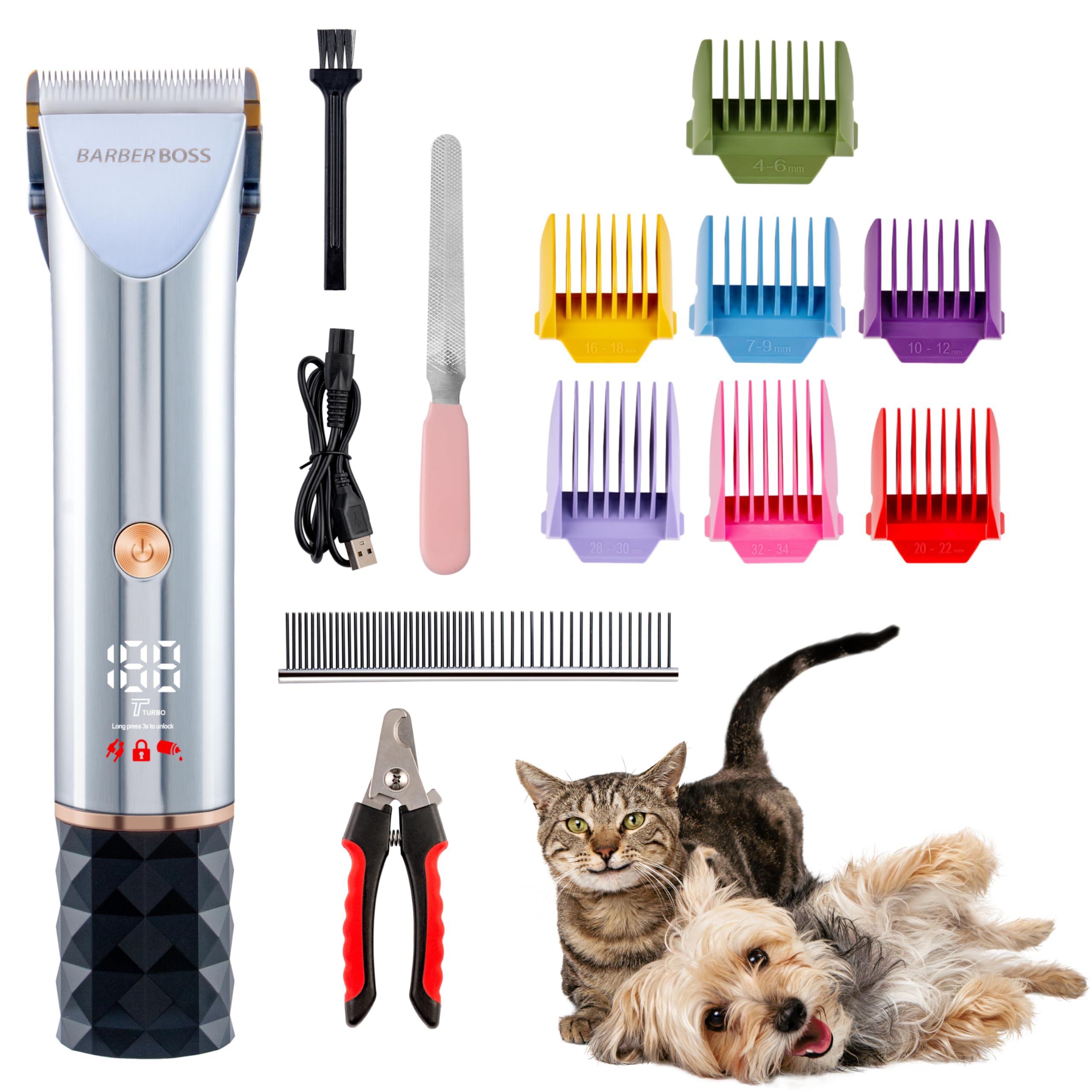 BarberBoss Pet Grooming Kit, Professional Dog Clippers for Thick Hair, Cat Clippers for Matted Fur, Cordless