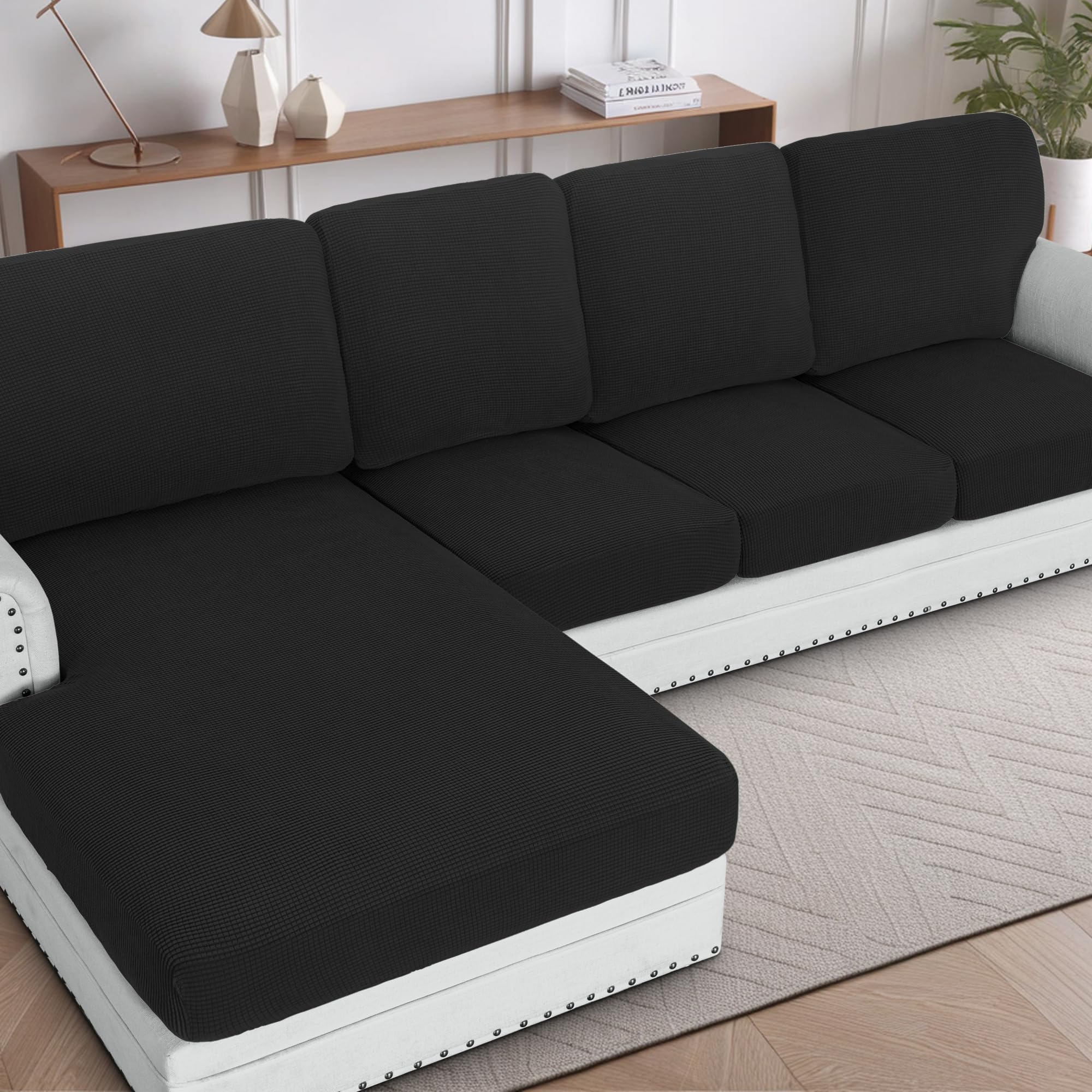 H.VERSAILTEX Backrest Cushion Covers Sectional Couch Back Cushion Covers for Sectional Sofa Set for Both Left/Right Couch (Back Only: 1 Chaise + 3 Sofa, Black)