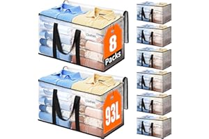 EpicTotes Extra Large Heavy Duty Moving Bags, Storage Bags with Strong Zippers & Handles, Packing Bags for Moving Essentials, Ideal Storage Tote for Home, Dorm & Storage Solutions, 93L, 8 Packs, Clear