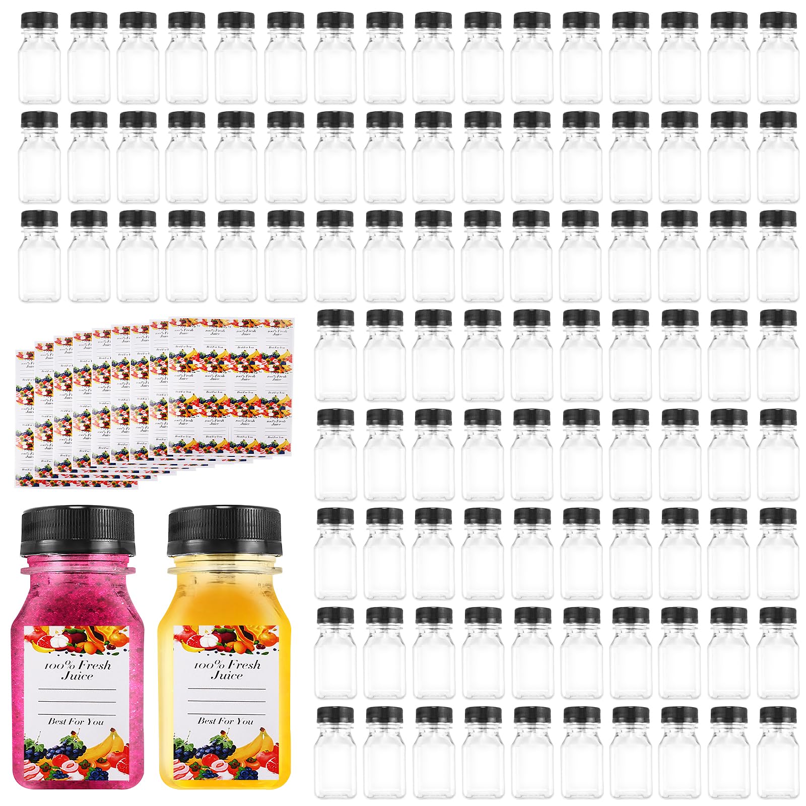 Photo 1 of 100 Pcs 4 oz Plastic Juice Bottles with Lids Small Clear Bottles with Caps Mini Empty Reusable Shot Bottle Bulk Fillable Liquid Drinking Container Leak Proof for Juice Milk Water Beverage