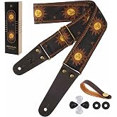 Nefelibata Guitar Strap, Sun Embroidered Cotton Guitar Strap with Head Cowhide Leather Ends for Bass, Electric and Acoustic Guitars, Free Strap Button, 1 Pair of Strap Locks and 4 Guitar Picks