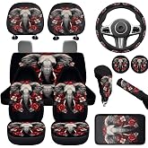 WUYOJUXA Vintage Elephant Car Rear Bench Protective Front Seat 14 Pcs Car Interior Accessories Set Animal Print Universal Steering Wheel Cover Headrest Covers Armrest Pad Cover Universal Fit