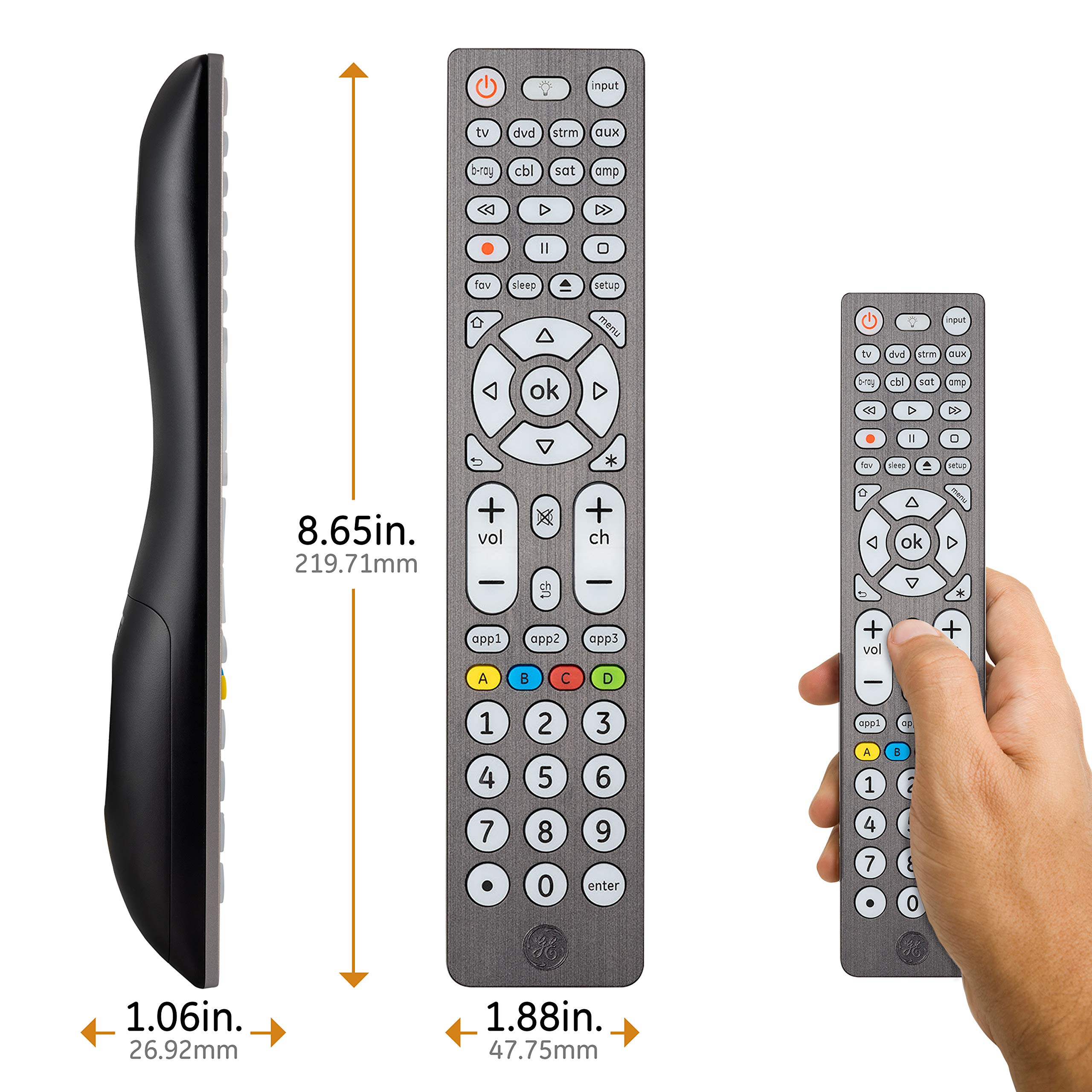 GE Backlit Buttons Universal Remote Control, Samsung TV Remote Control Replacement, Samsung Remote Control for Smart TV, Roku Remote Replacement, Vizio, LG TV,Sony, Apple TV, 8-Device, Graphite, 47510