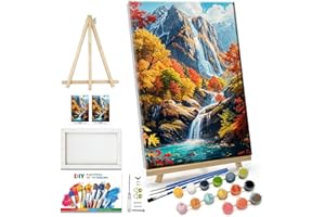 JOOZ Landscape Paint by Numbers Kit for Adults with Easel Mountain Waterfall Paint by Number with Frame Paint by Number for Adults DIY Paint by Numbers Kit on Canvas for Home Wall Decor 8 x 12 Inch