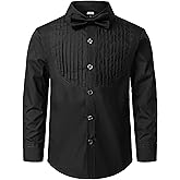 JOGAL Boys Dress Shirts Kids Pleated Tuxedo Shirt with Bow Tie for 6-14 Years Old Boys Button Down Shirt