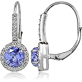 Sterling Silver, Yellow or Rose Gold Flashed Tanzanite and White Topaz Round Leverback Earrings