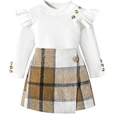 Aulyffo Toddler Girl Clothes,Girls Outfits Long Sleeve Ruffle Button Tops + Plaid Skirt Shorts + Hat 3Pc Little Girls Clothes