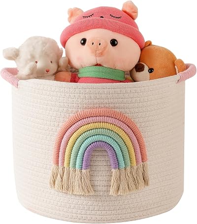 INough Cotton Rope Toy Storage Basket with Rainbow Decor 13in Dia 10.2in H
