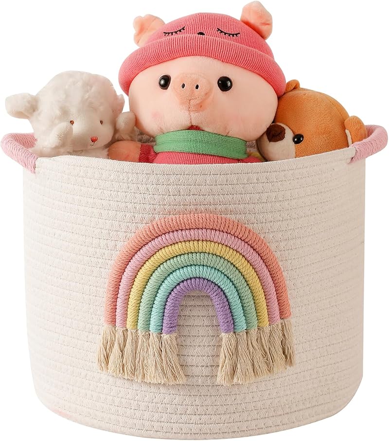 INough Cotton Rope Toy Storage Basket with Rainbow Decor 13in Dia 10.2in H