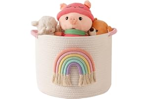INough Toy Storage Baskets Woven Cotton Rope Storage Basket with Rainbow Decor for Kids, Blanket Baskets for Living Room Toys