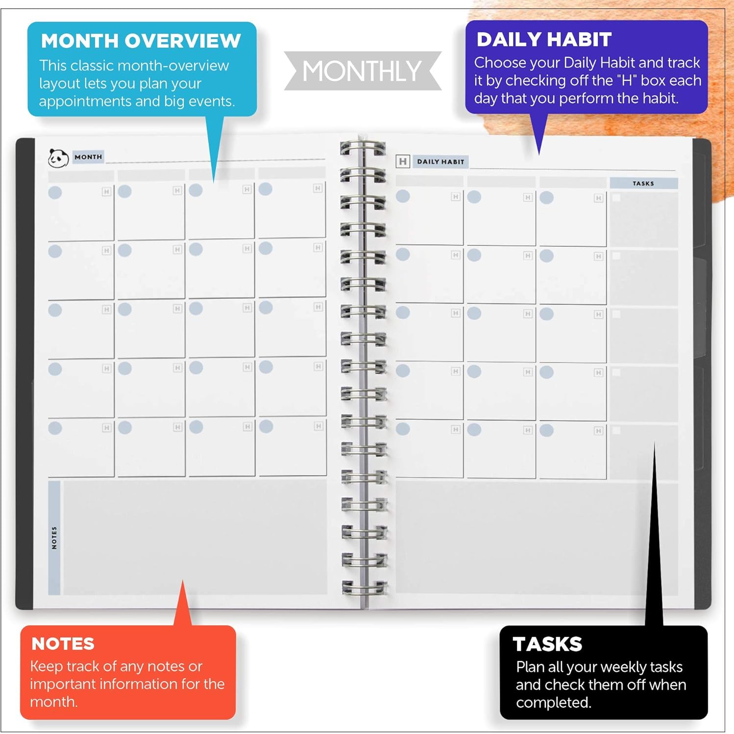 Weekly Planner 2.0 by Panda Planner 2020-2021 - 1 Year Monthly Calendar and Weekly Organizer Notebook - Spiral Bound Wire Binding 12 Month Weekly Planner - 8.25" x 5.75" - Black : Office Products