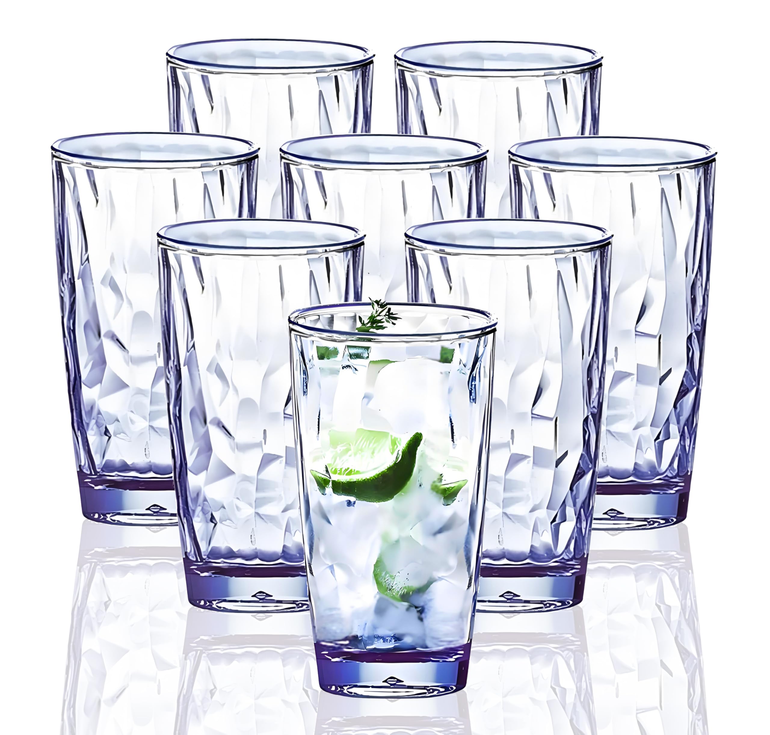 [Look Like Glass] 450ml 8-Piece Premium Unbreakable Drinking Glasses Plastic Tumblers Dishwasher Safe BPA Free Acrylic Juice Glasses Highball Water Glasses (Blue)