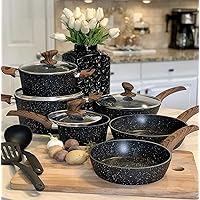 Induction Kitchen Cookware Sets Nonstick - Granite Hammered Pan Set 12 Piece, Dishwasher Safe Cooking Pots and Pans Set