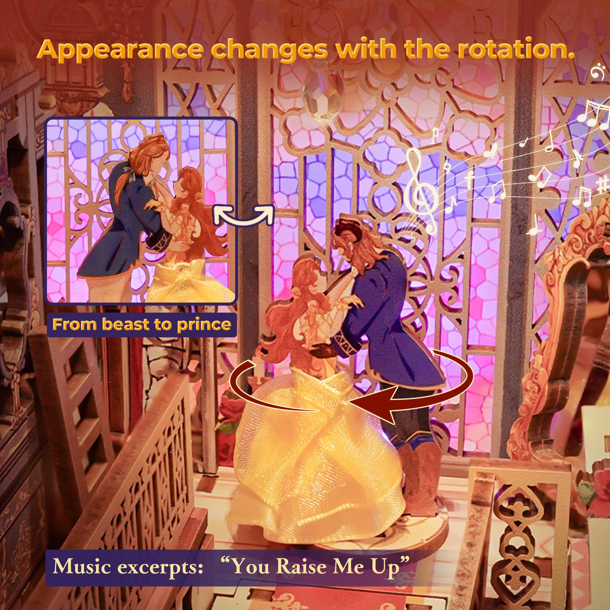 Tonecheer DIY Book Nook Kit for Adults, 3D Wooden Puzzle Music Booknook Miniature Dollhouse, Fairy Tale Bookend Bookshelf Decor with Dust Cover and LED Lights Gifts (Beast‌ and Beauty)