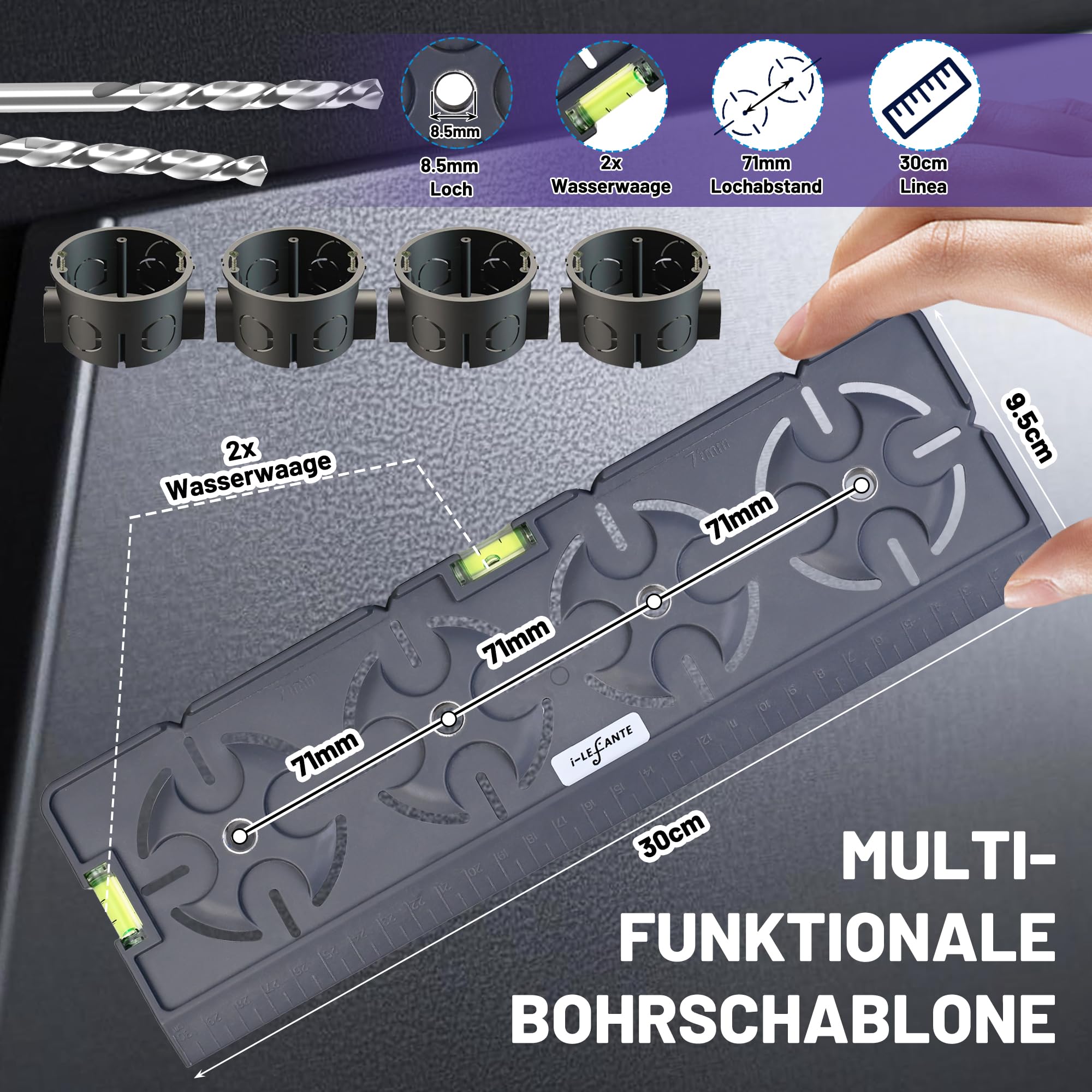 Bohrschablone für Steckdose Schalterdose Unterputzdose Hohlwanddose 71mm Abstand All in One mit Wasserwaage 30cm Lineal Für Elektroinstallation Rohbau Trockenbau Elektriker Heimwerker (Grau) 2