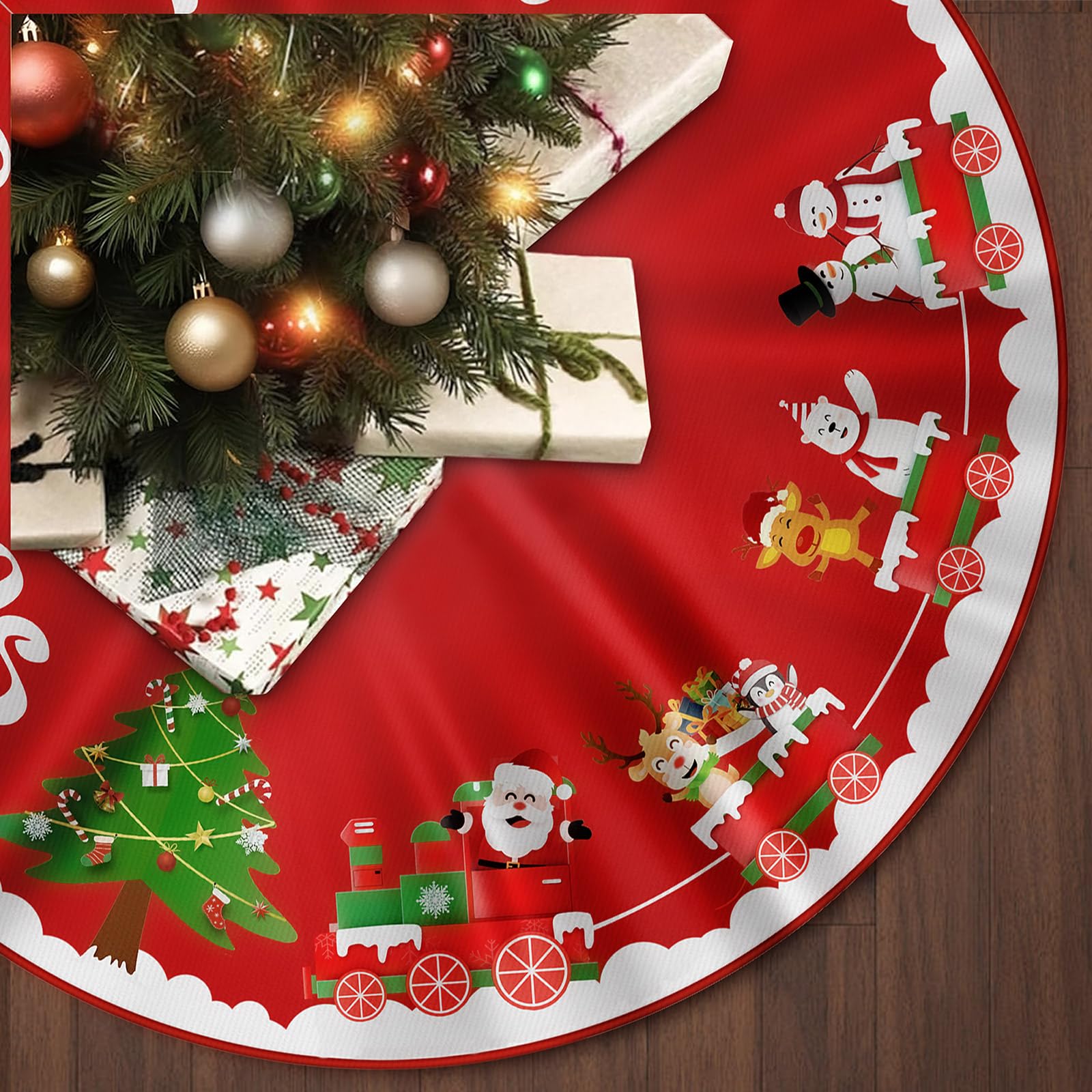Christmas Tree Skirt Red White Cloth Christmas Tree Base Cover Skirts Decor for Xmas Party Holiday Home Garden (Christmas Train, 90cm)