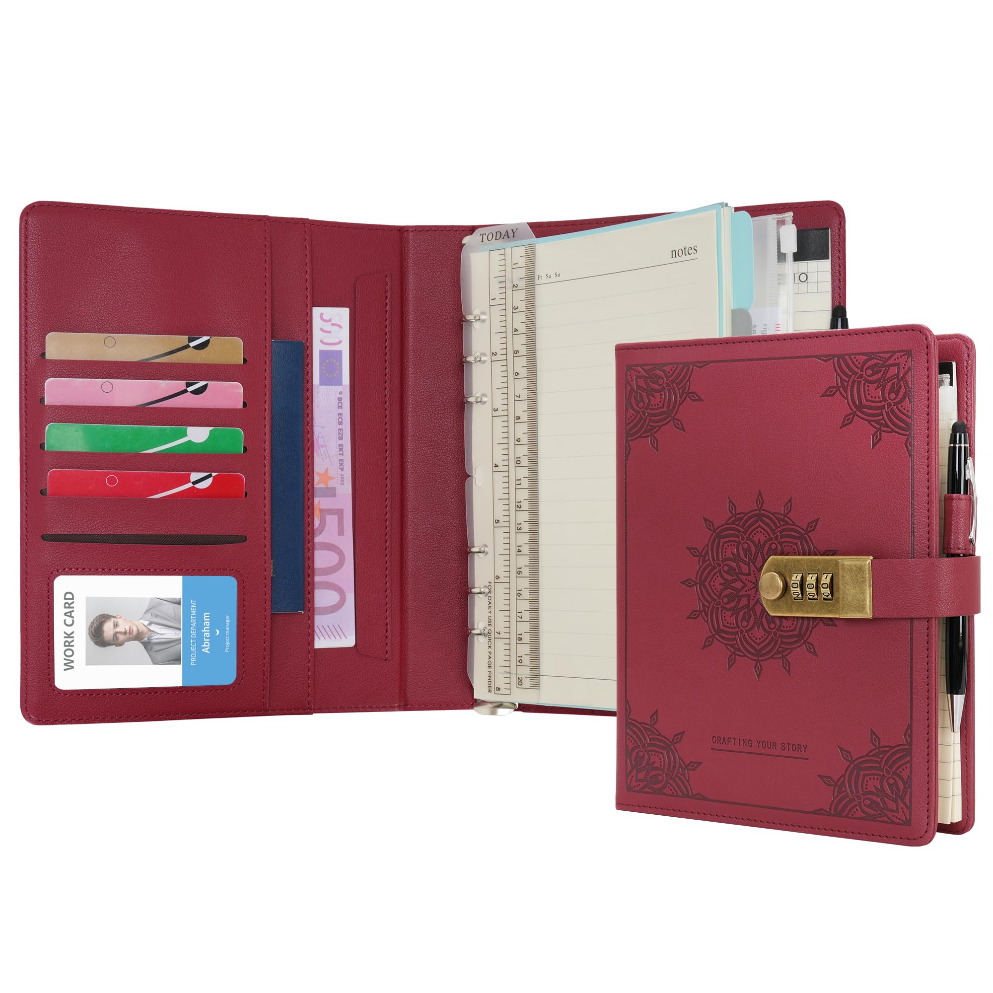 WASON Diary with Lock A5 Binder Ruled Spiral Notebook Journal Planner Portfolio and Refillable Writing Lined Paper Notepad, Pen, Clipboard Organizer For Ideal Business, School & Travel (Red)