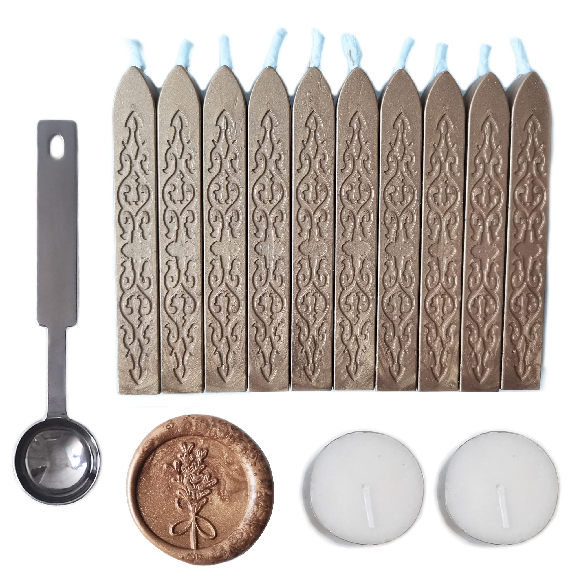 Amtol Bronze Sealing Wax Sticks with Wick, 10 Pcs, Includes Wax Melting Spoon and 2 White Candles, for Wedding Invitations, Cards, Envelopes and Seal Stamp