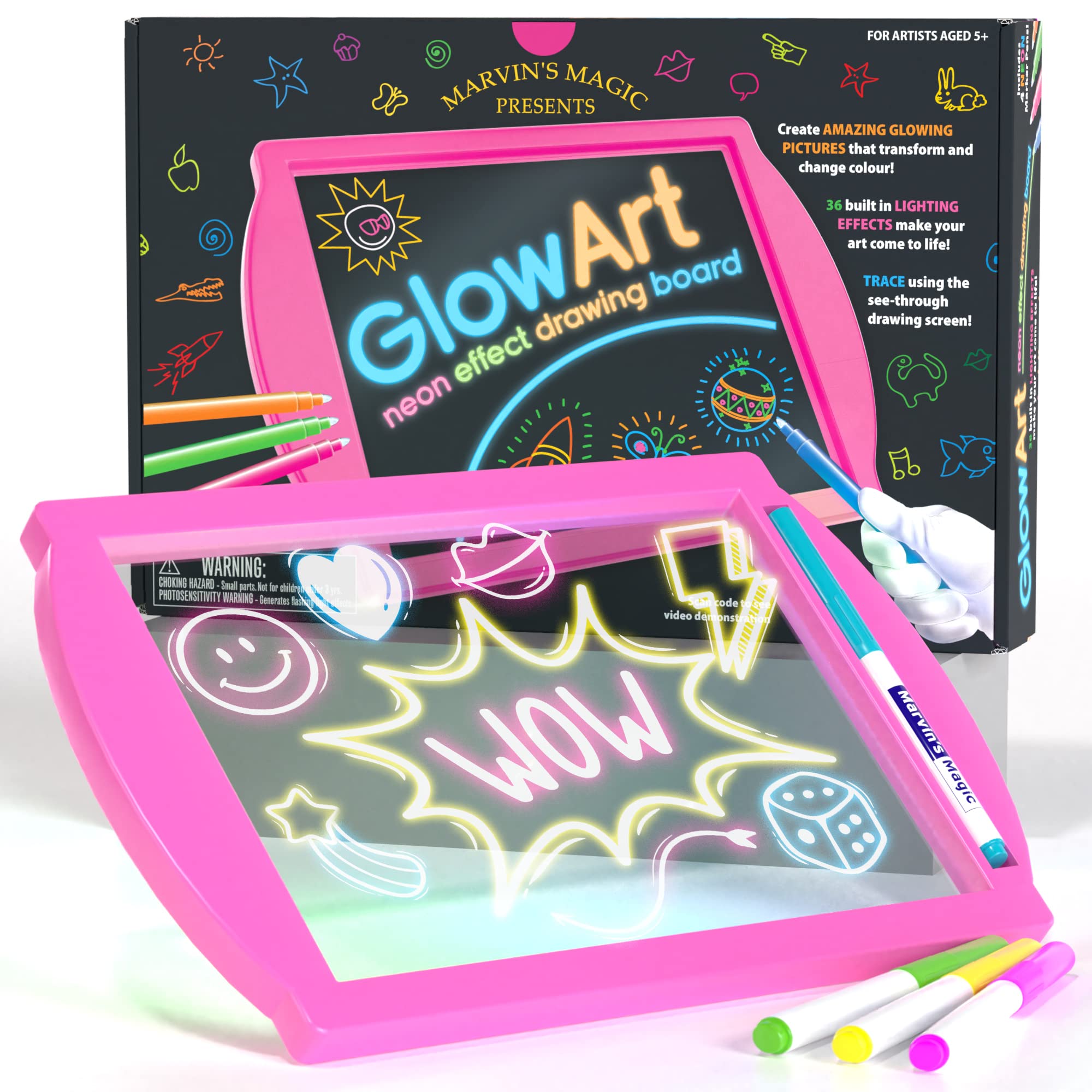 Marvin's Magic - Glow Art LED Drawing Board for Children - Pink Light Up Drawing Pad with Glow in The Dark Colouring Pens - Battery Powered Tablet - Tracing Pad for Ages 5+ β image 1